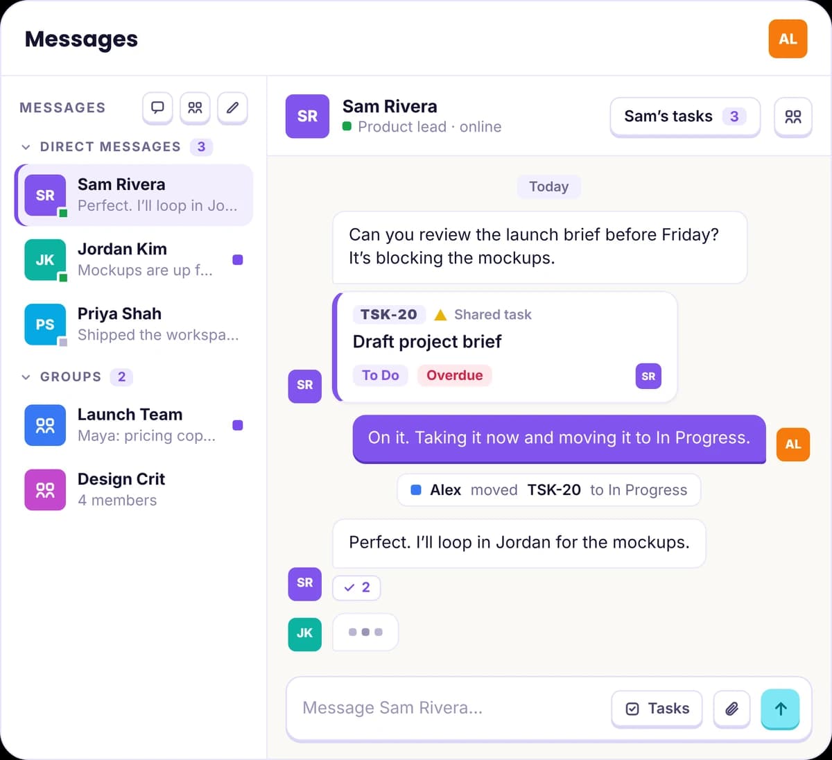 Kbaso Messages: a direct message with Sam Rivera where a shared task, Draft project brief, is discussed and moved to In Progress
