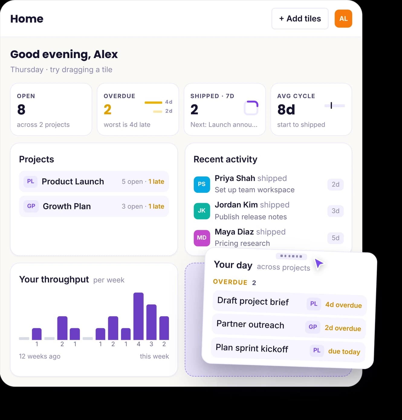 Kbaso Home dashboard with Smart Tiles being rearranged